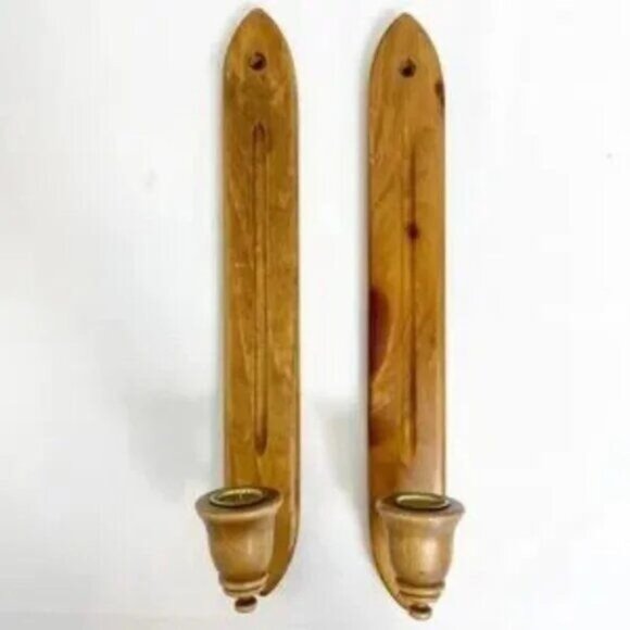 Vintage Charles Lesters Wood Candle Wall Sconces Pair Handcrafted Decor Rustic - Picture 2 of 7